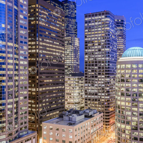 Seattle highrise buildings lit up at night, Washington, United States Seattle highrise buildings lit up at night, Washington, United States