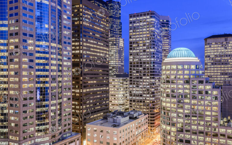 Seattle highrise buildings lit up at night, Washington, United States