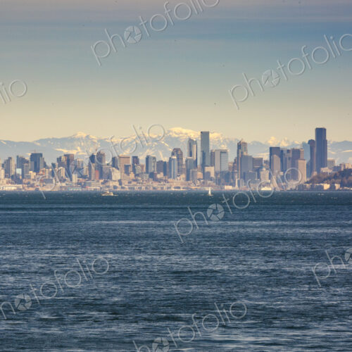 Seattle skyline from the south end of Bainbridge Island and Rich Passage, WA USA