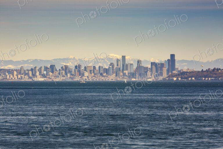 Seattle skyline from the south end of Bainbridge Island and Rich Passage, WA USA