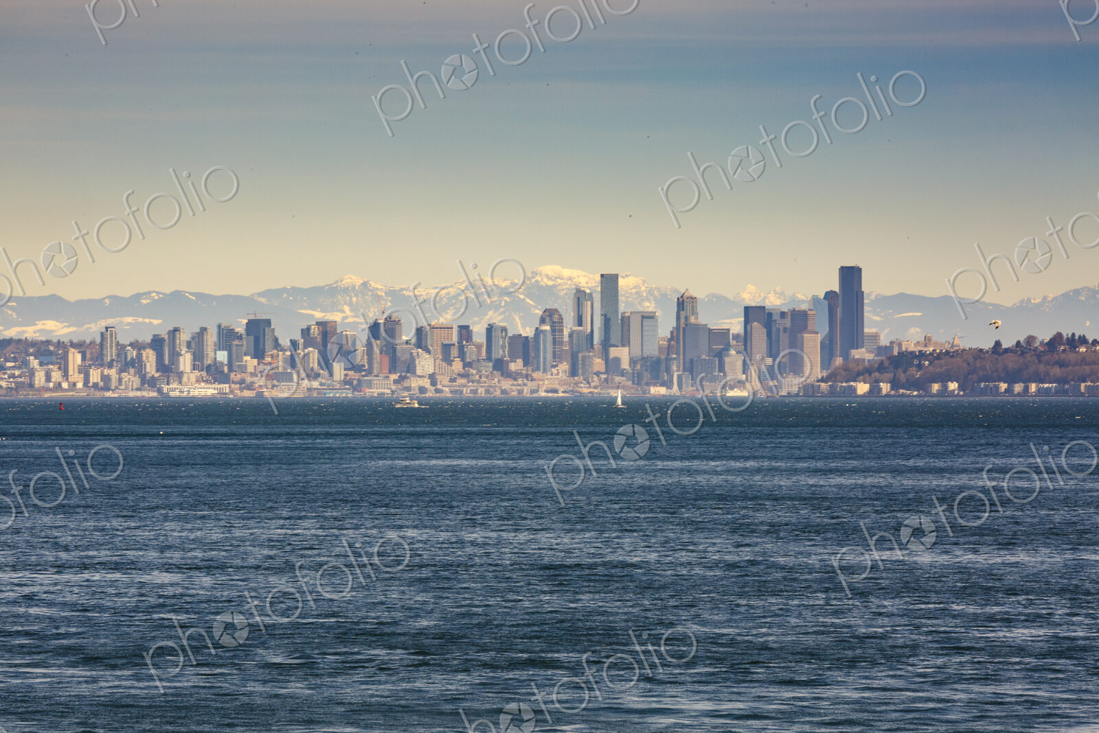 Seattle skyline from the south end of Bainbridge Island and Rich Passage, WA USA