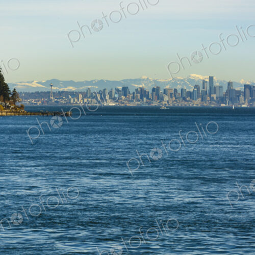Seattle skyline from the south end of Bainbridge Island and Rich Passage, WA USA