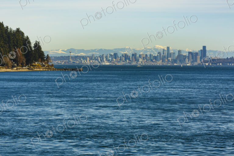 Seattle skyline from the south end of Bainbridge Island and Rich Passage, WA USA