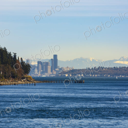Seattle skyline from the south end of Bainbridge Island and Rich Passage, WA USA