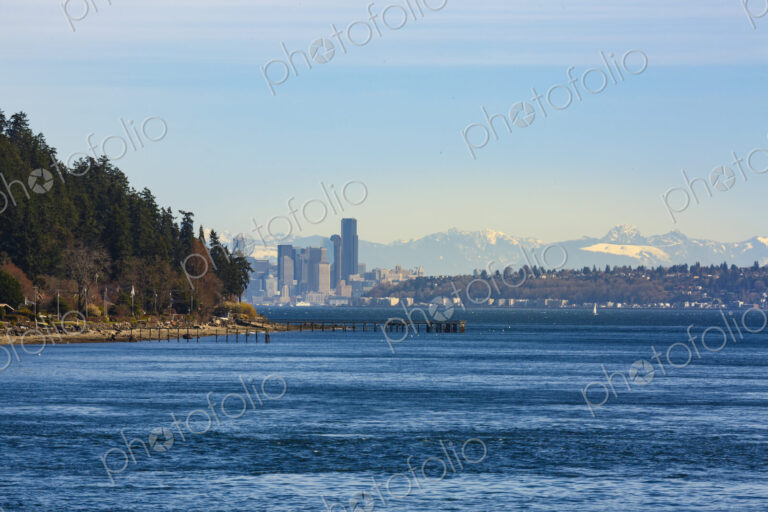 Seattle skyline from the south end of Bainbridge Island and Rich Passage, WA USA
