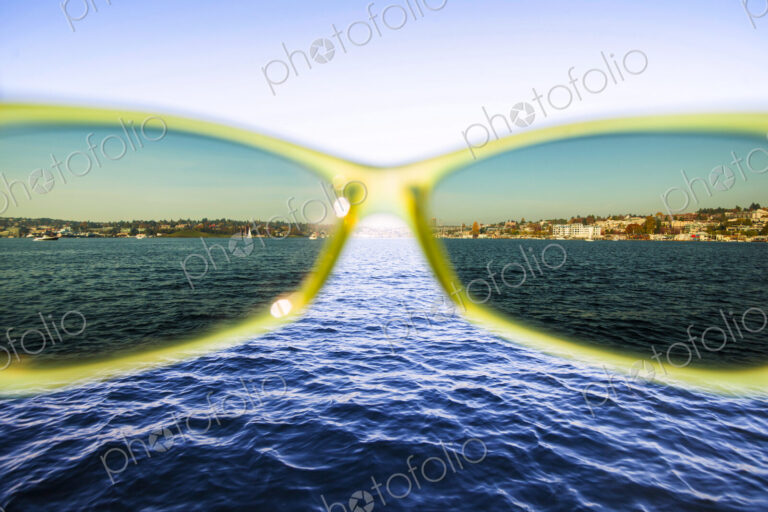 Seattle's Lake Union and the shoreline seen through sunglasses.