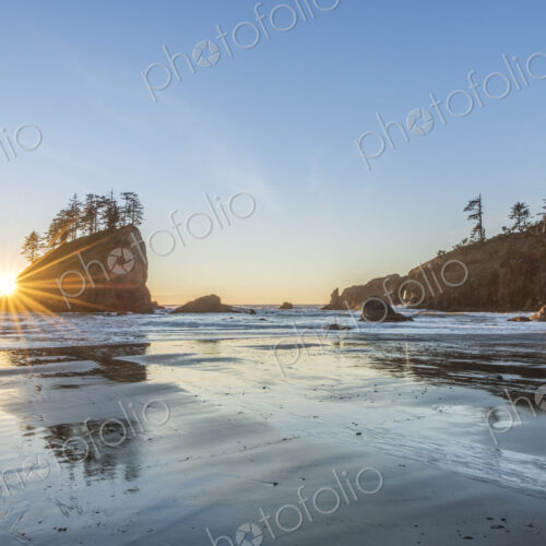 Second Beach at Sunset, Olympic National Park, view of the sea stack offshore at low tide. Second Beach at Sunset, Olympic National Park, view of the sea stack offshore at low tide.