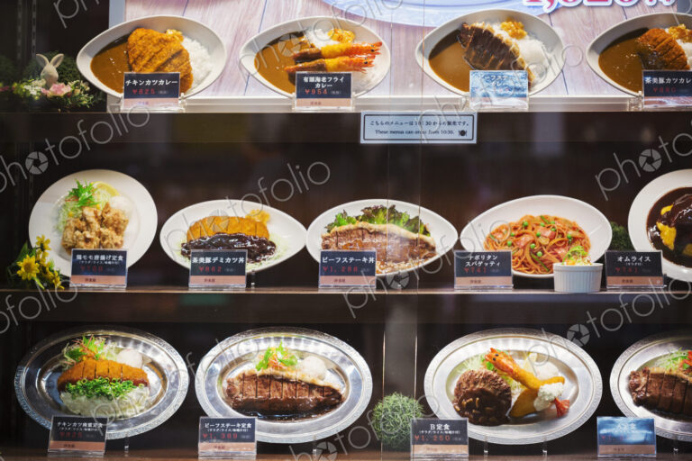 Selection of Japanese foods on oval plates displayed on shelves.