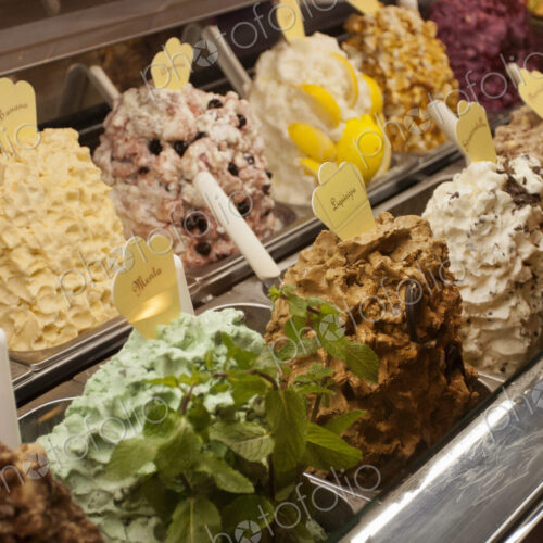 Selection of ice cream at a Tuscan ice cream parlour.