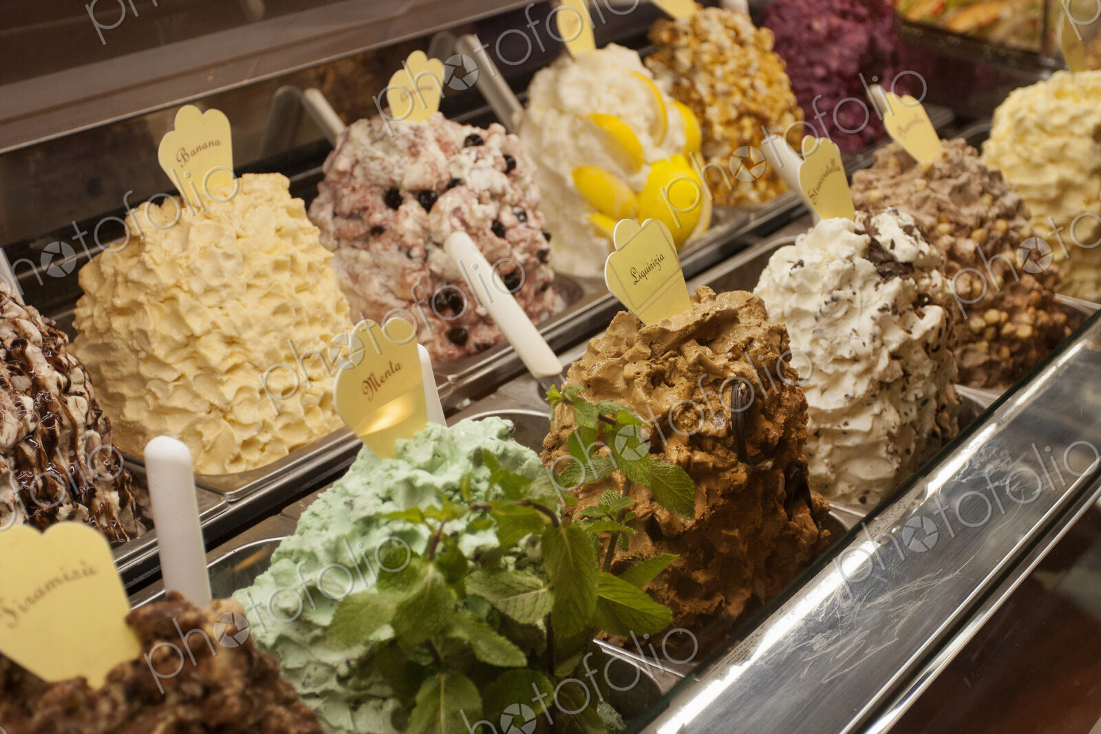 Selection of ice cream at a Tuscan ice cream parlour.