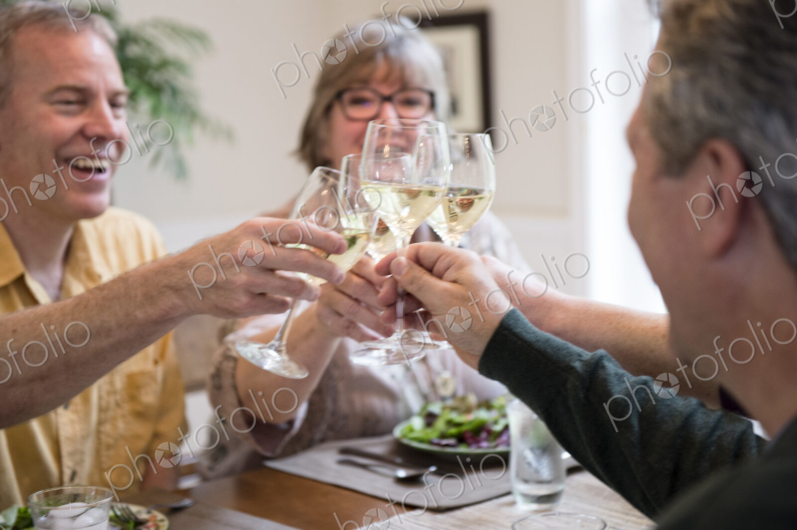 Senior couples toasting a home dinner party with glasses of white wine.