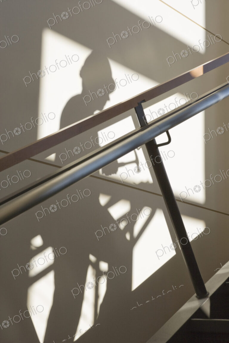 Shadow of a construction worker walking up stairs on wall with handrail.