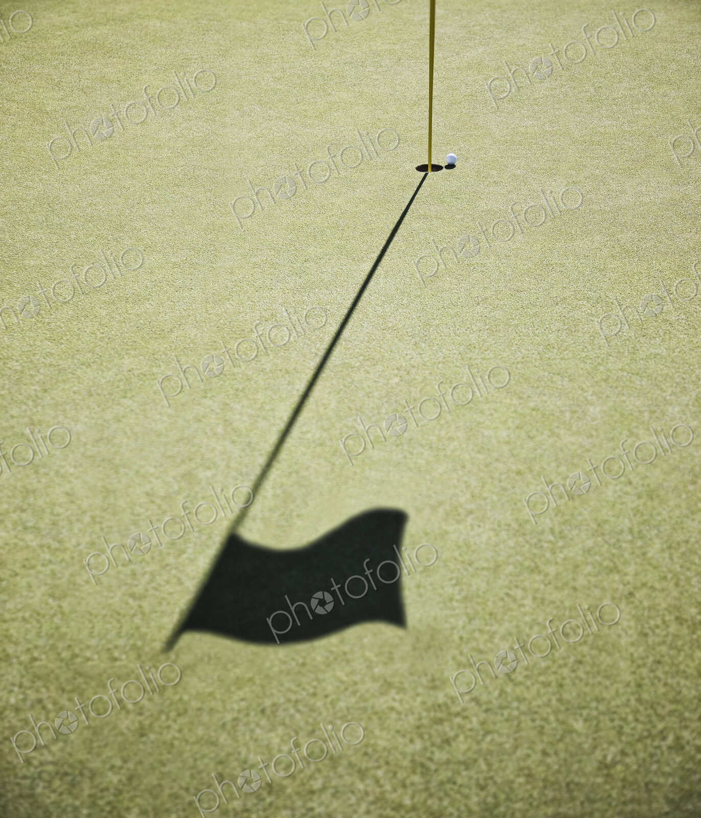 Shadow of a golf flag on the green of a golf course.