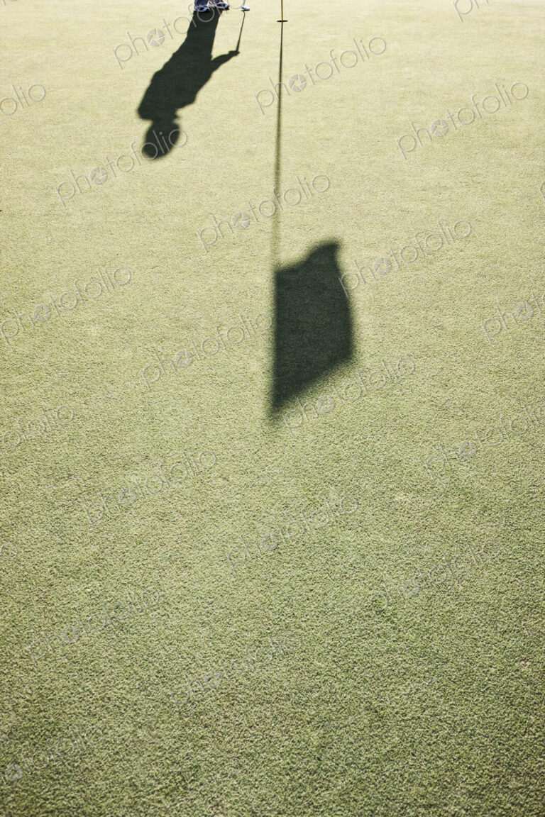 Shadow of a golfer and a flag on a golf green.