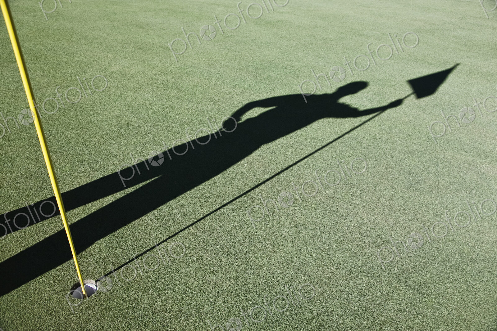 Shadow of golfers and the flag on a green of a golf course.