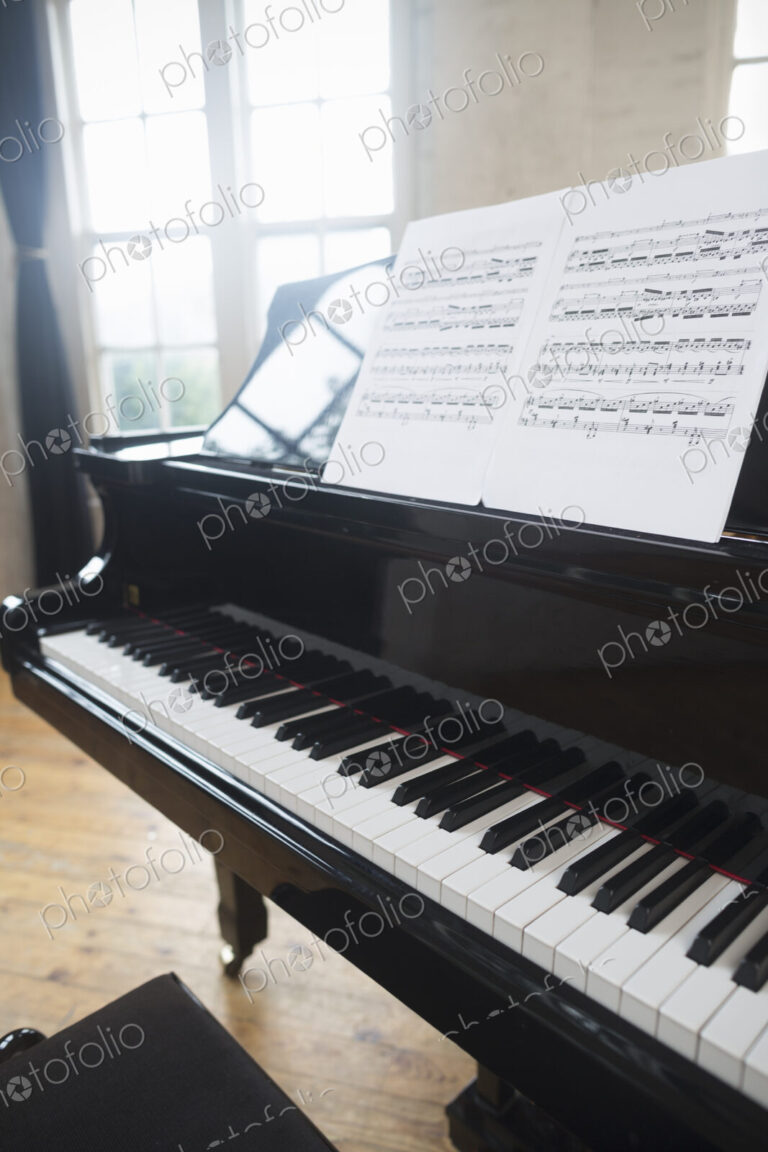 Sheet music on a Grand Piano in a rehearsal studio.