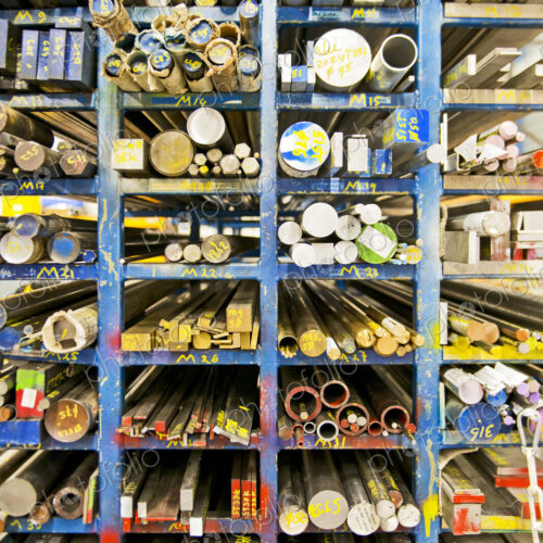 Shelves of aluminum, steel and copper beams Shelves of aluminum, steel and copper beams