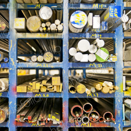 Shelves of aluminum, steel and copper beams Shelves of aluminum, steel and copper beams