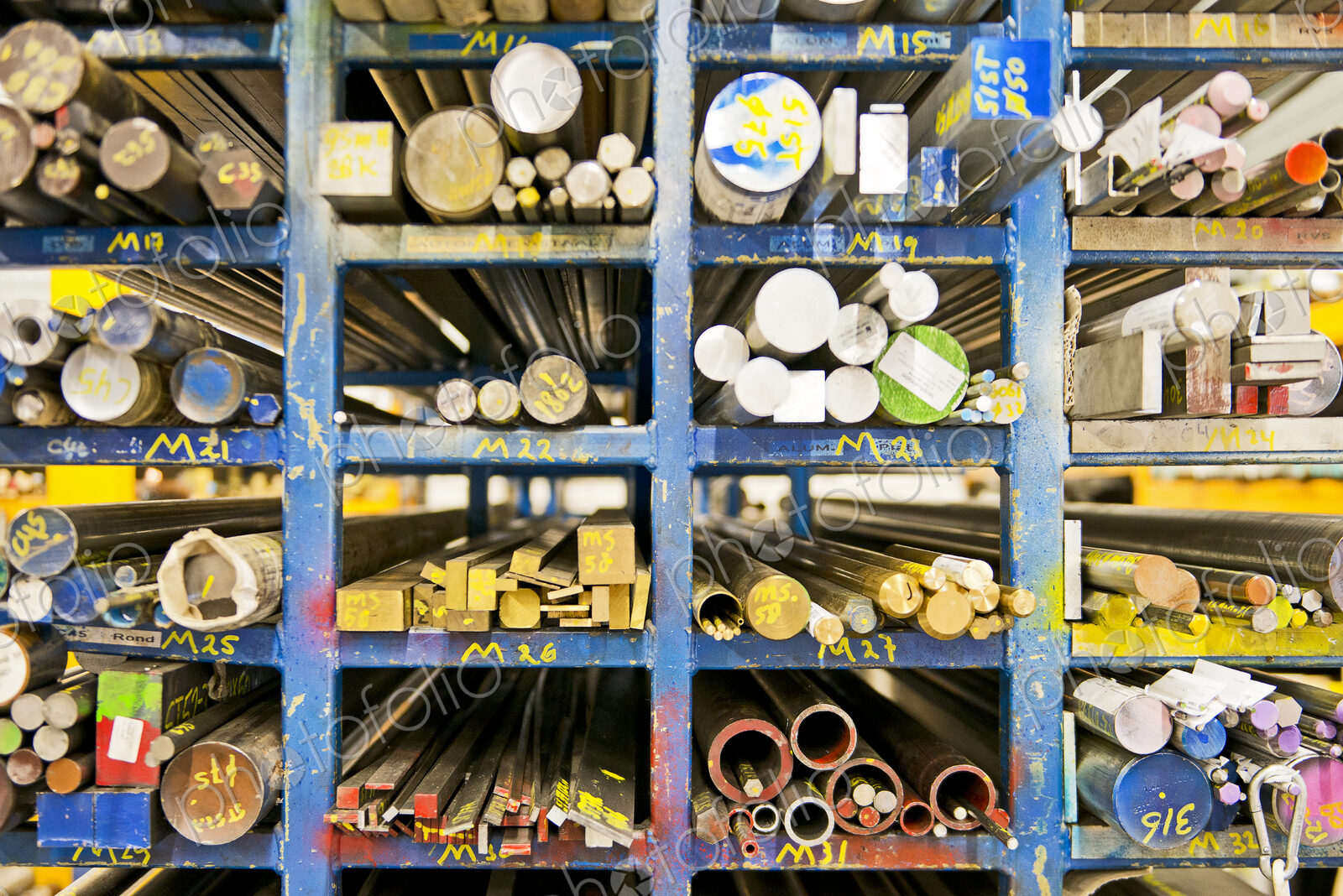 Shelves of aluminum, steel and copper beams