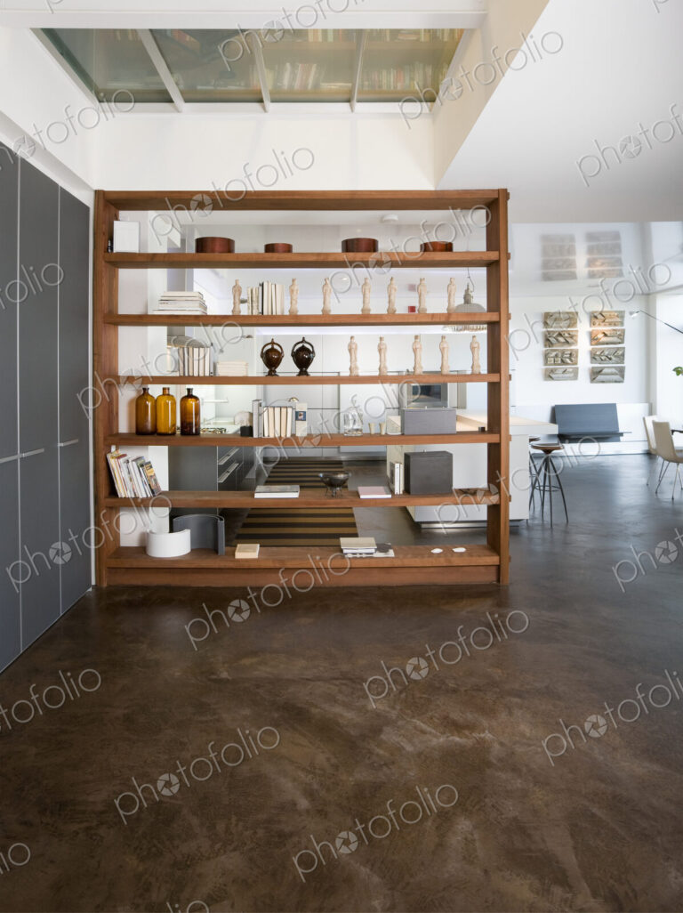 Shelving unit in open plan apartment.