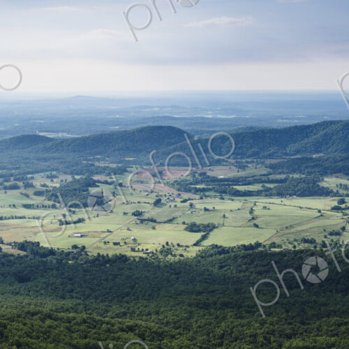 Shenandoah Valley vista, elevated view over rolling countryside, fields and farms in…