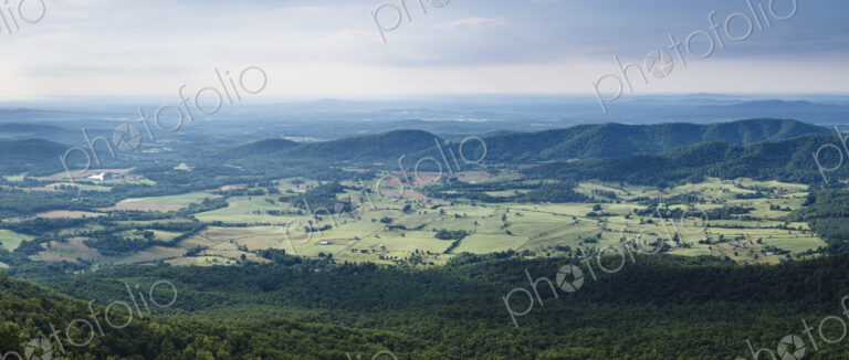 Shenandoah Valley vista, elevated view over rolling countryside, fields and farms in…