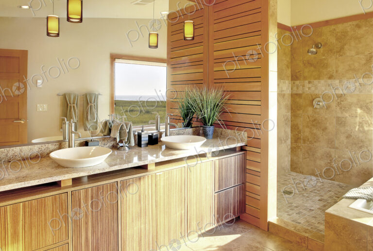 Shower and sinks in modern bathroom