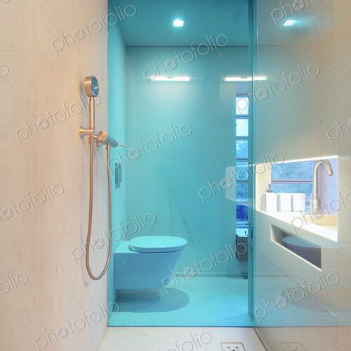 Shower with glass wall in modern bathroom