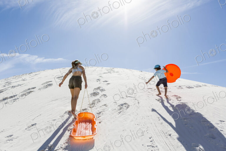 Siblings climbing sand dune