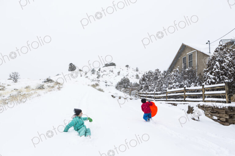 Siblings sledding down hill