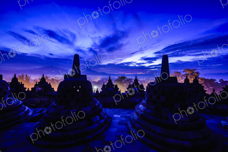 Silhouette of monuments in Borobudur, Jawa Tengah, Indonesia