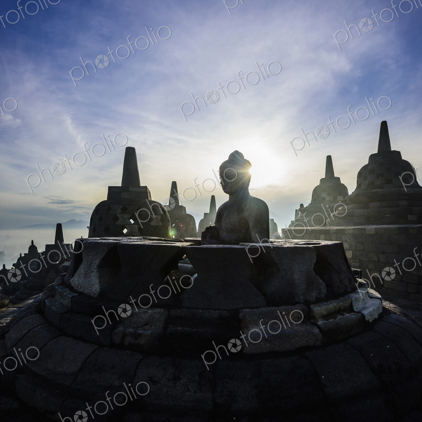 Silhouette of monuments in Borobudur, Jawa Tengah, Indonesia