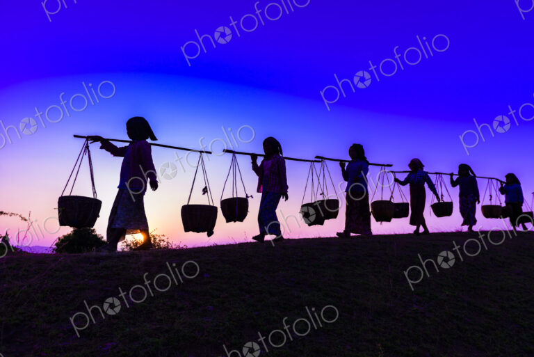 Silhouette of people carrying baskets under sunset sky
