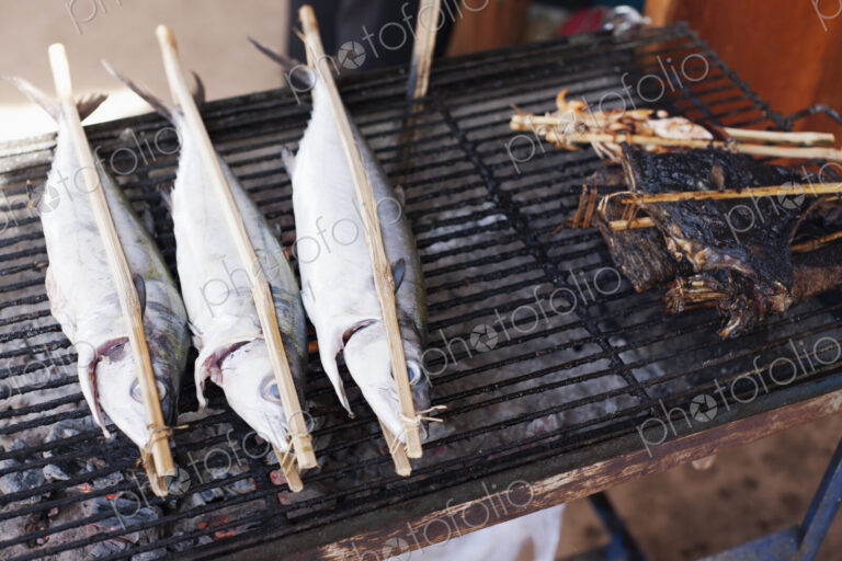 Skewered and grilled fish at the morning market in the town of Kep, Cambodia.