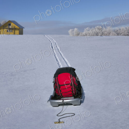 Sled transporting baggage on hilly snowy winter landscape,Estonia