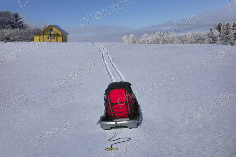 Sled transporting baggage on hilly snowy winter landscape,Estonia