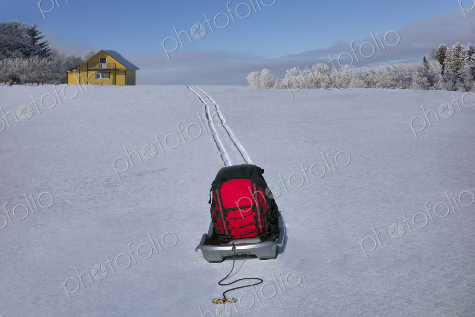 Sled transporting baggage on hilly snowy winter landscape,Estonia