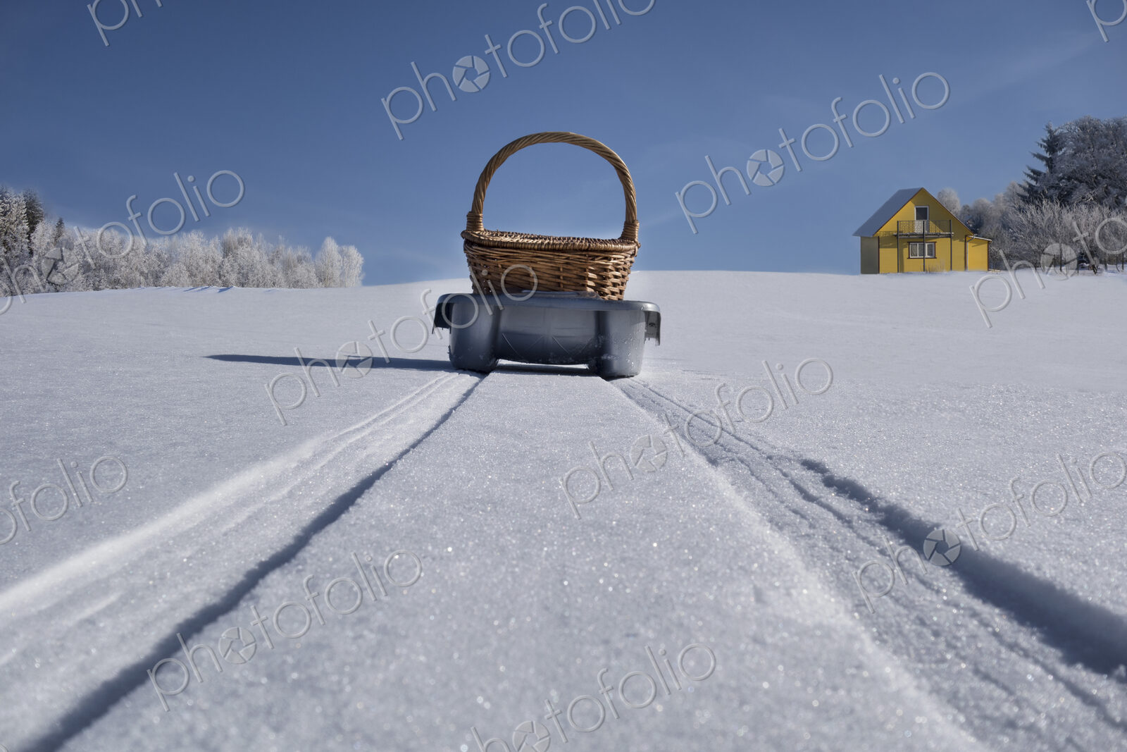 Sled transporting basket over hilly snowy winter landscape, Estonia
