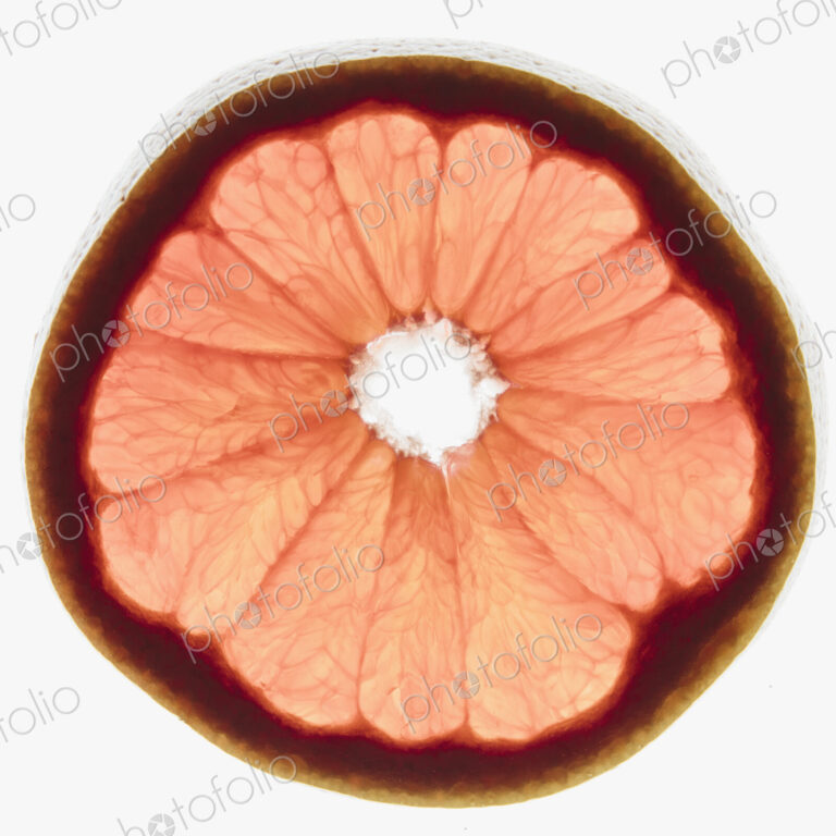 Slice of organic ruby red grapefruit on white background