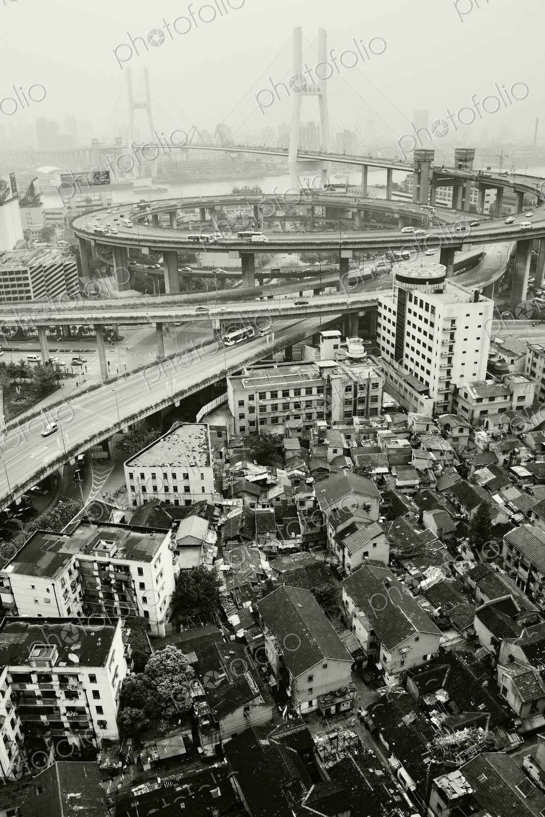 Slum Housing with Nanpu Bridge in Background