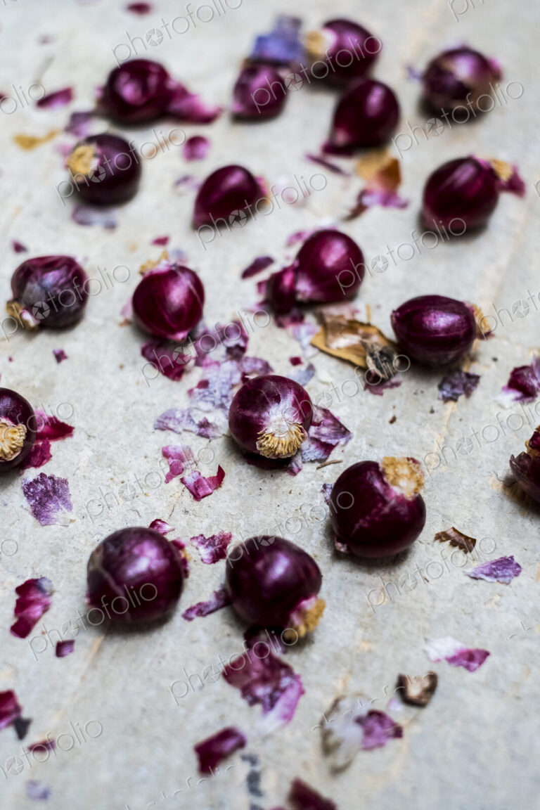 Small glossy red onions and papery outer skins on grey background.