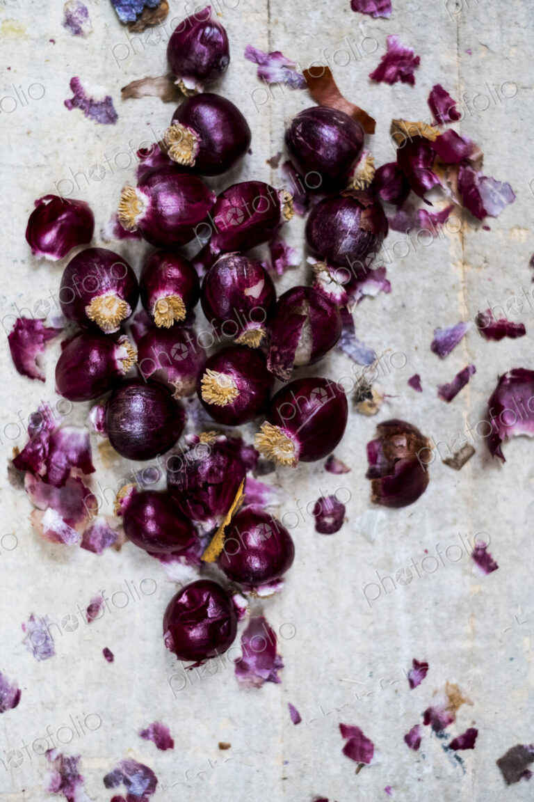 Small glossy red onions and papery outer skins on grey background.