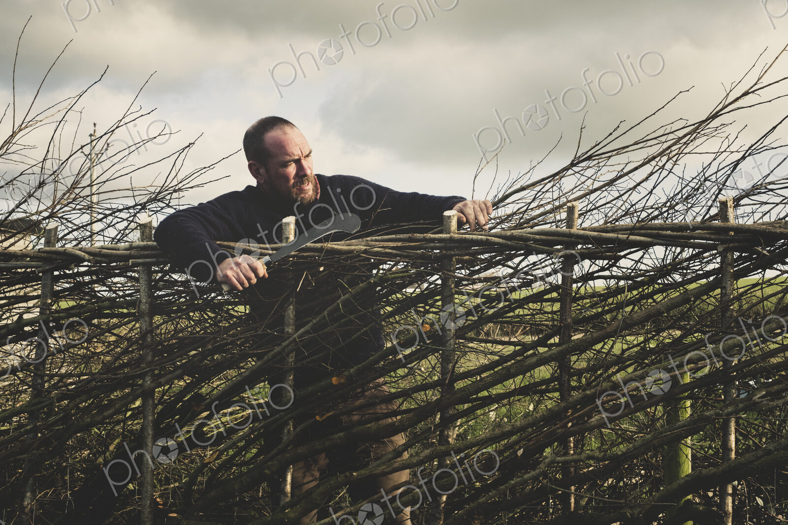 Smiling bearded man holding bill hook standing next to a newly built traditional hedge.