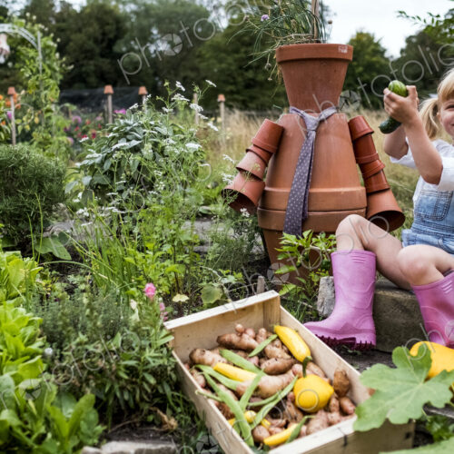 Smiling blond girl sitting in garden next to terracotta scarecrow, picking fresh… Smiling blond girl sitting in garden next to terracotta scarecrow, picking fresh…