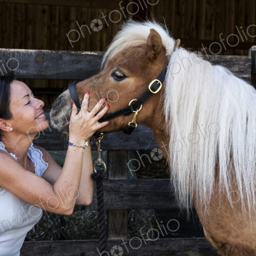Smiling woman holding a Shetland pony with a long blonde mane by its bridle. Smiling woman holding a Shetland pony with a long blonde mane by its bridle.