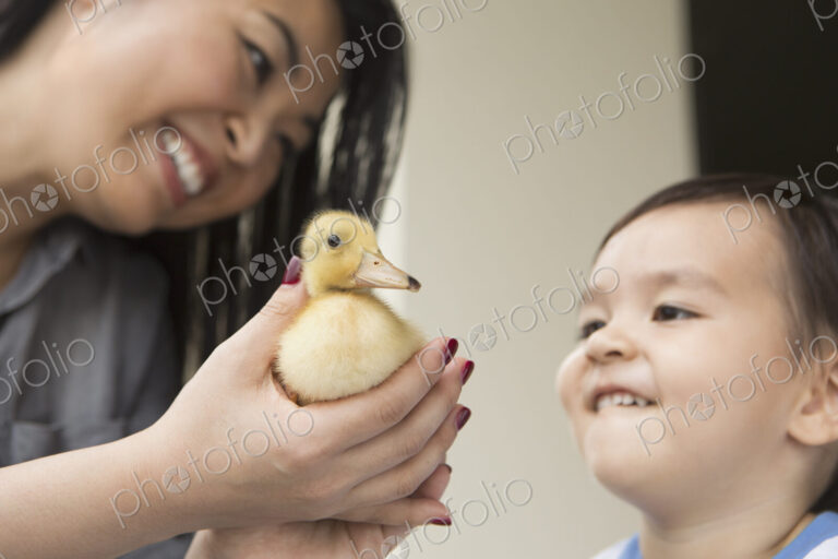 Smiling woman holding a yellow duckling in her hands, her young son watching.