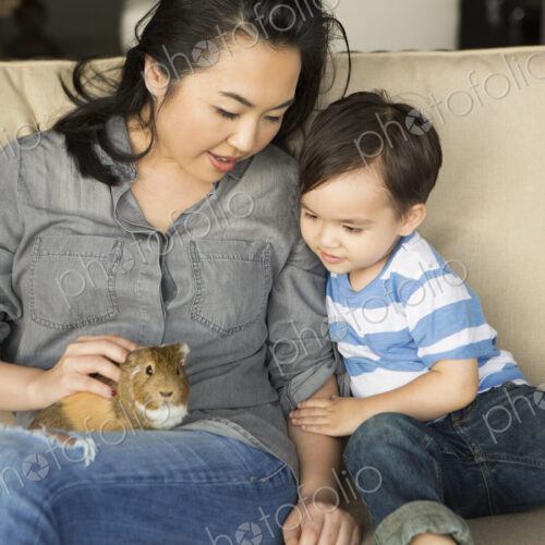 Smiling woman sitting on a sofa, a guinea pig sitting on her lap, her young son watching. Smiling woman sitting on a sofa, a guinea pig sitting on her lap, her young son watching.