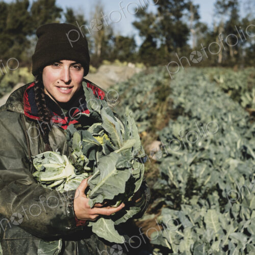 Smiling woman standing in field, holding blue crate with freshly harvested…