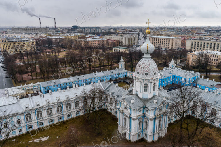 Smolny Convent of the Resurrection, the main church, a blue-and-white building,…