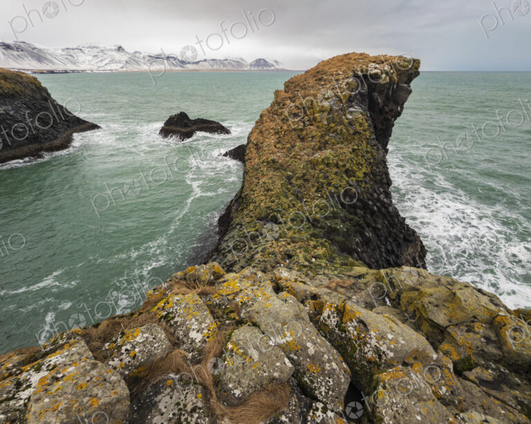 Snaefellsness Peninsula, the rocky coastline, volcanic rocks and inlets near Arnastapi.